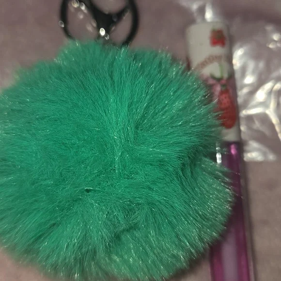Green Fluffy Keychain with Pink Lip Gloss - Picture 3 of 3